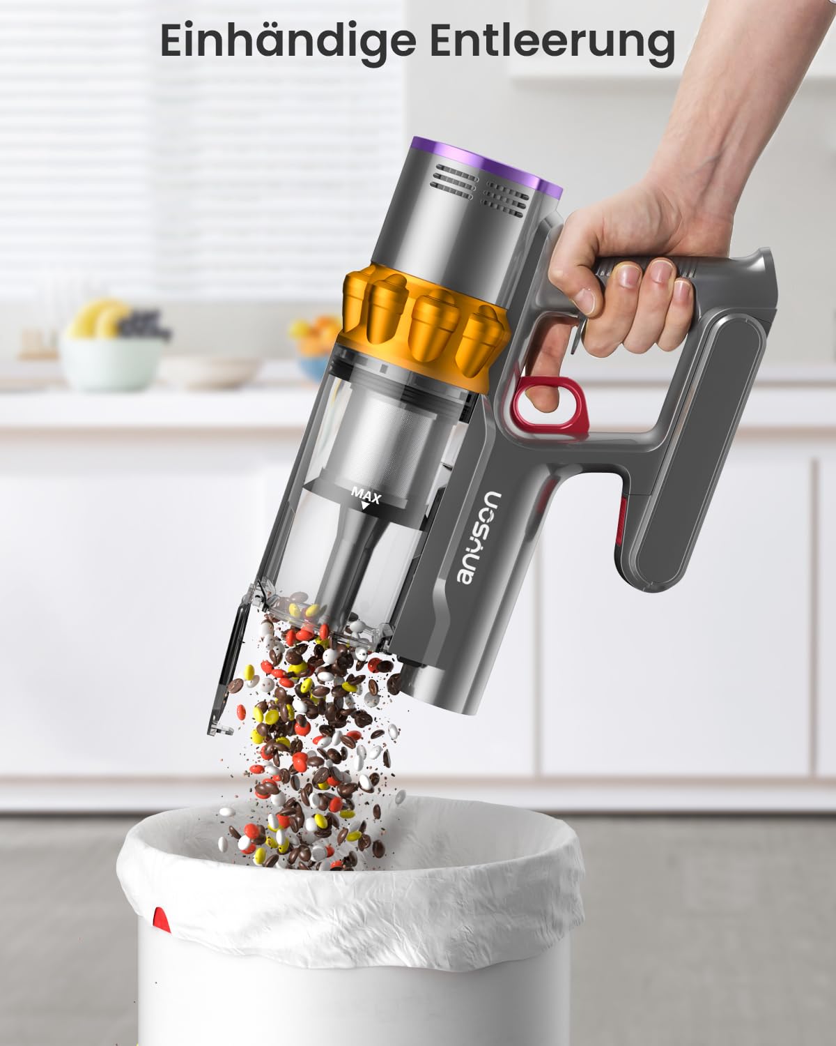 Anyson Akku-Staubsauger Kabellos, 1.6L, leise mit LED-Display & Anti-Tangle-Bürste – für Teppiche, Hartböden & Tierhaare