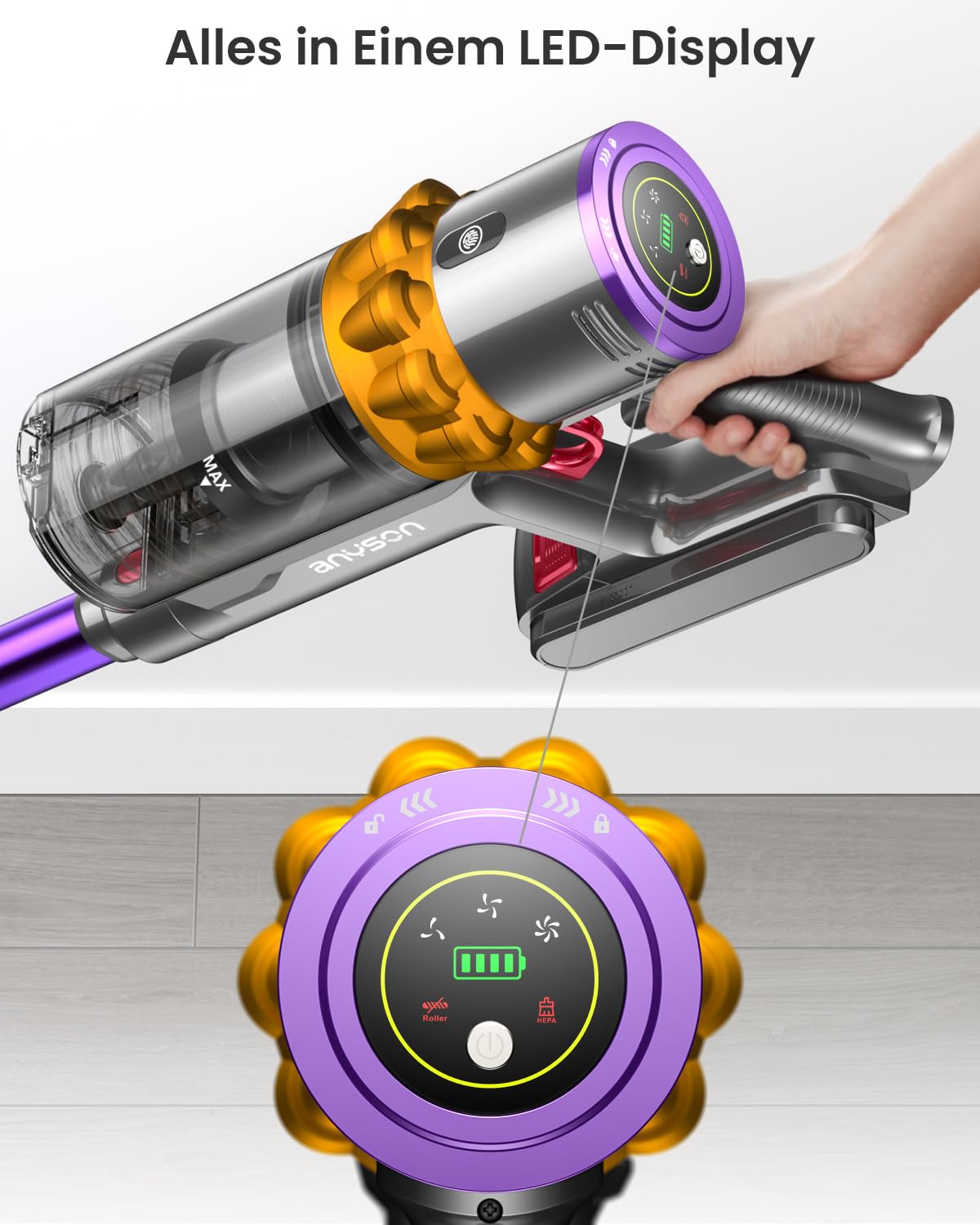 Anyson Akku-Staubsauger Kabellos, 1.6L, leise mit LED-Display & Anti-Tangle-Bürste – für Teppiche, Hartböden & Tierhaare