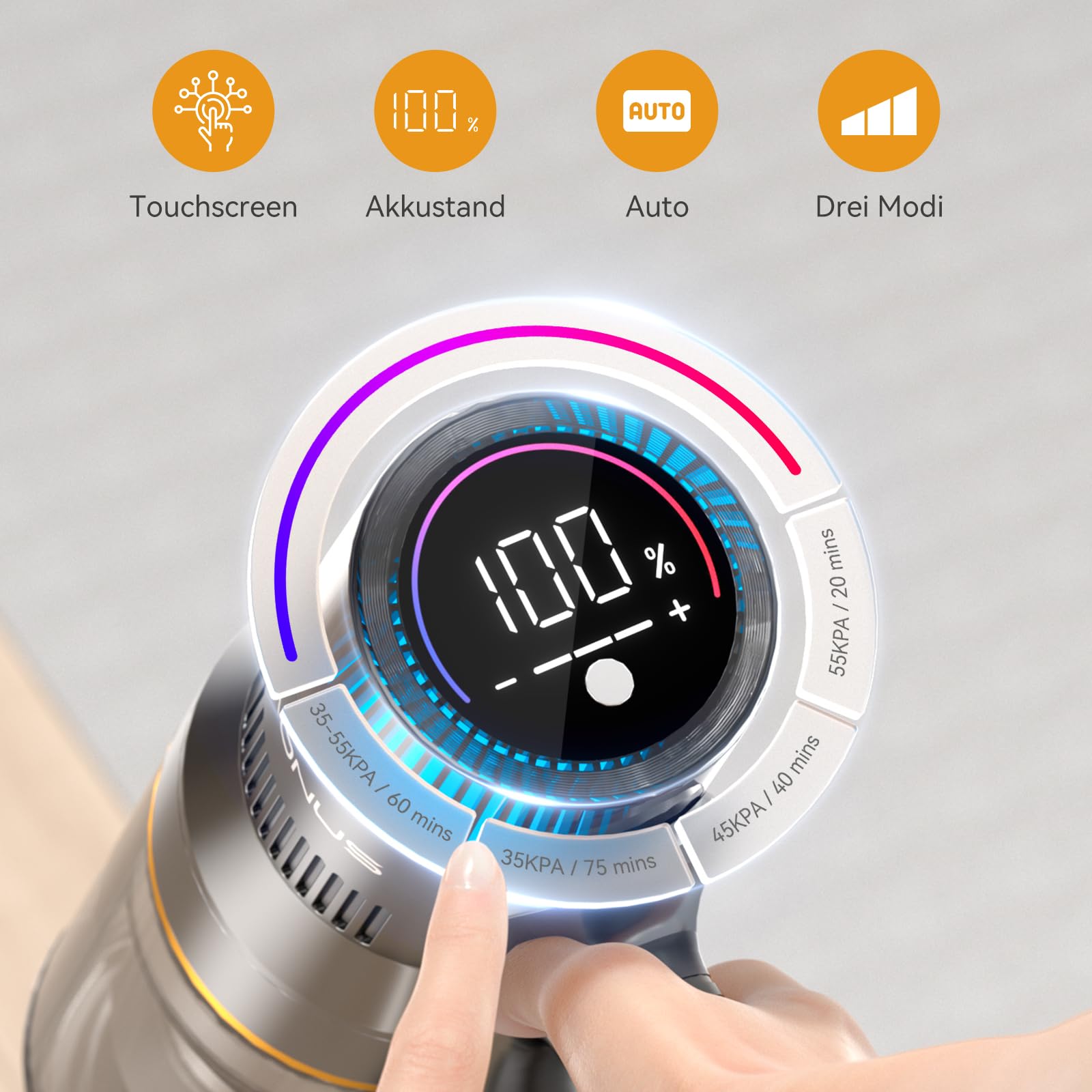 Aonus Akku-Staubsauger Kabellos 55KPa, 580W, Smart Display, 75 Min Laufzeit, freistehend mit Automatikmodus – für Teppich, Tierhaare & Hartböden