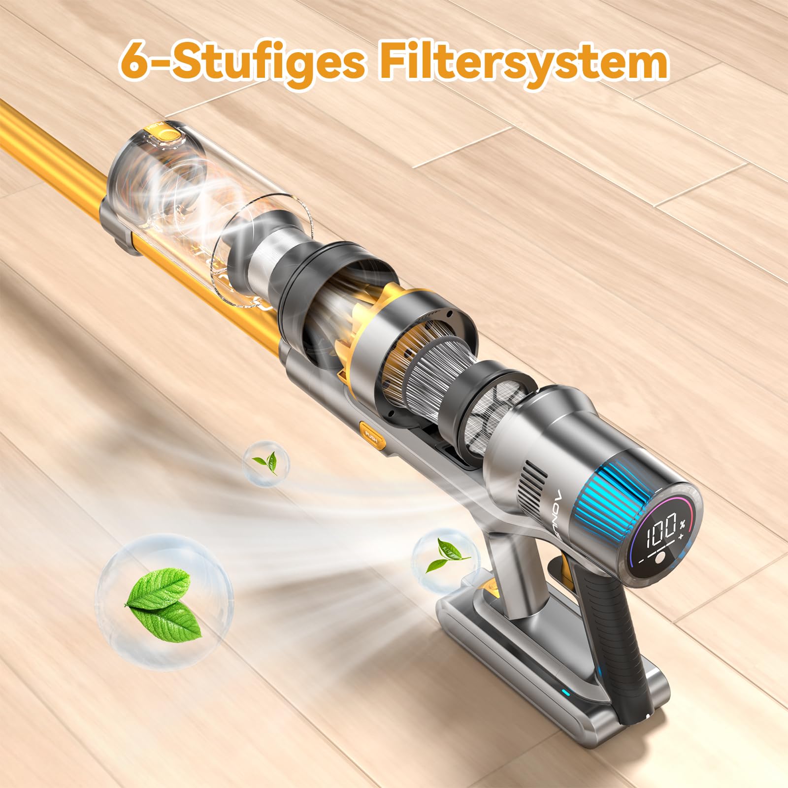 Aonus Akku-Staubsauger Kabellos 55KPa, 580W, Smart Display, 75 Min Laufzeit, freistehend mit Automatikmodus – für Teppich, Tierhaare & Hartböden
