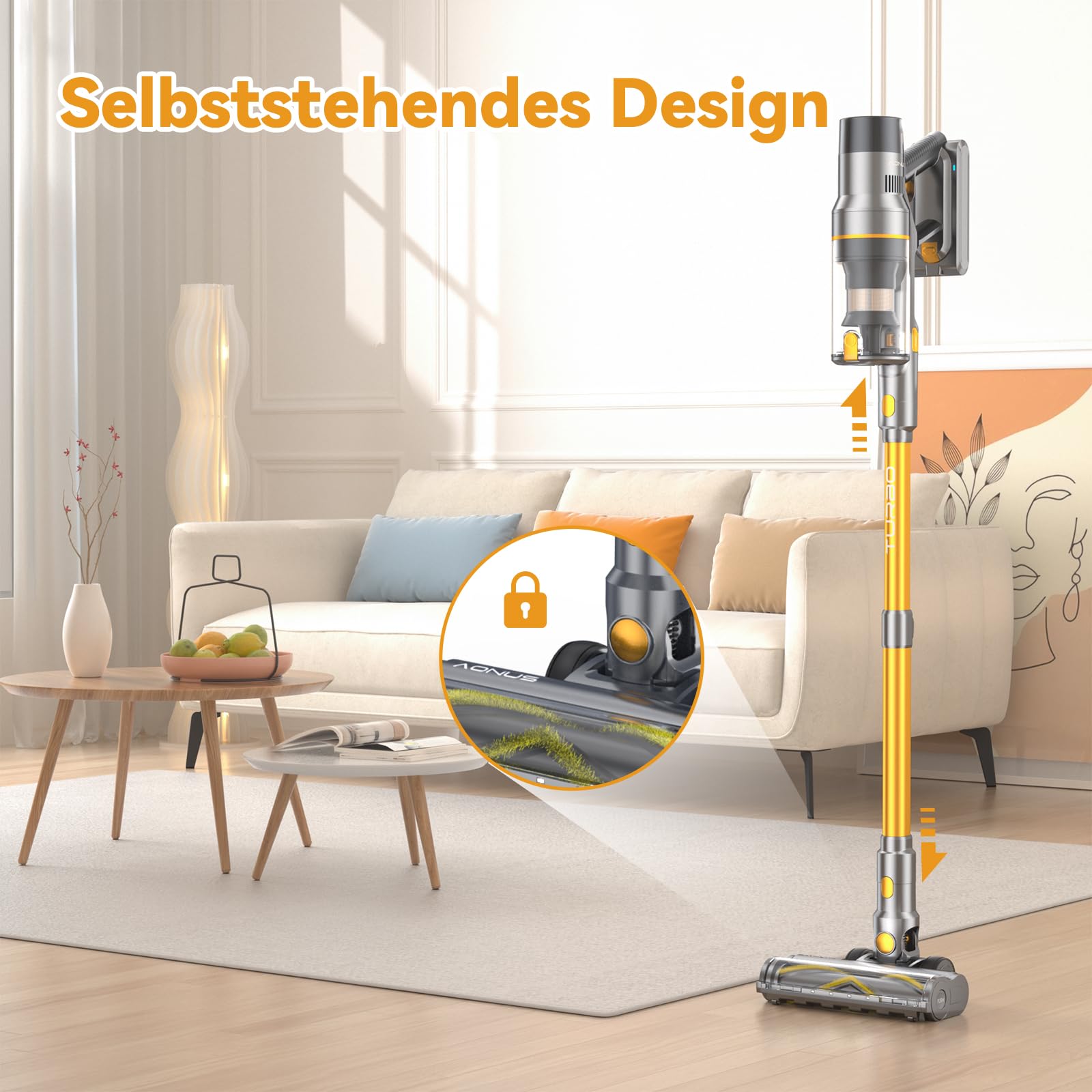 Aonus Akku-Staubsauger Kabellos 55KPa, 580W, Smart Display, 75 Min Laufzeit, freistehend mit Automatikmodus – für Teppich, Tierhaare & Hartböden