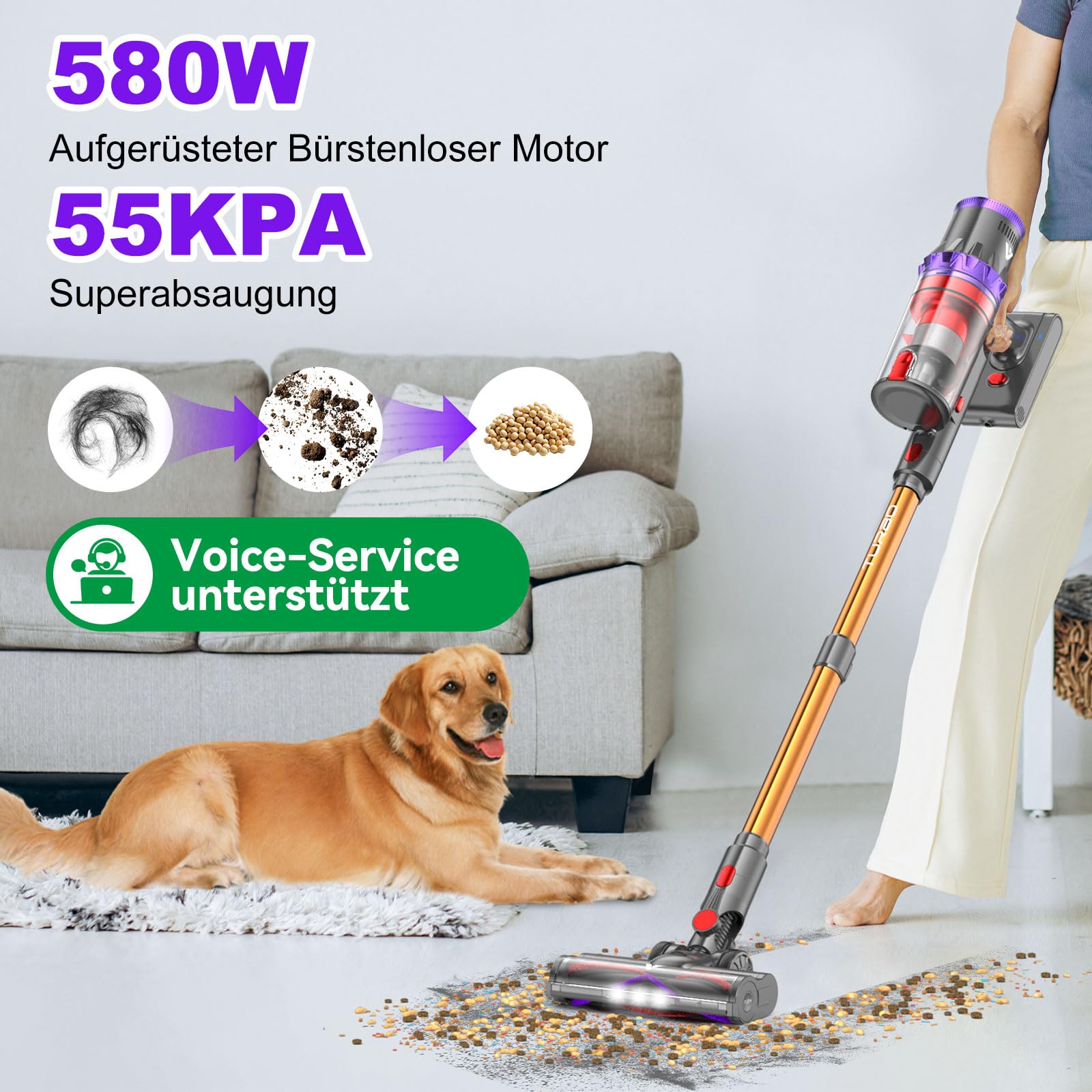 Coovy SU7 Akku-Staubsauger Kabellos, 580W, 75 Min, großes Display & Automatikmodus – für Teppiche, Hartböden & Tierhaare