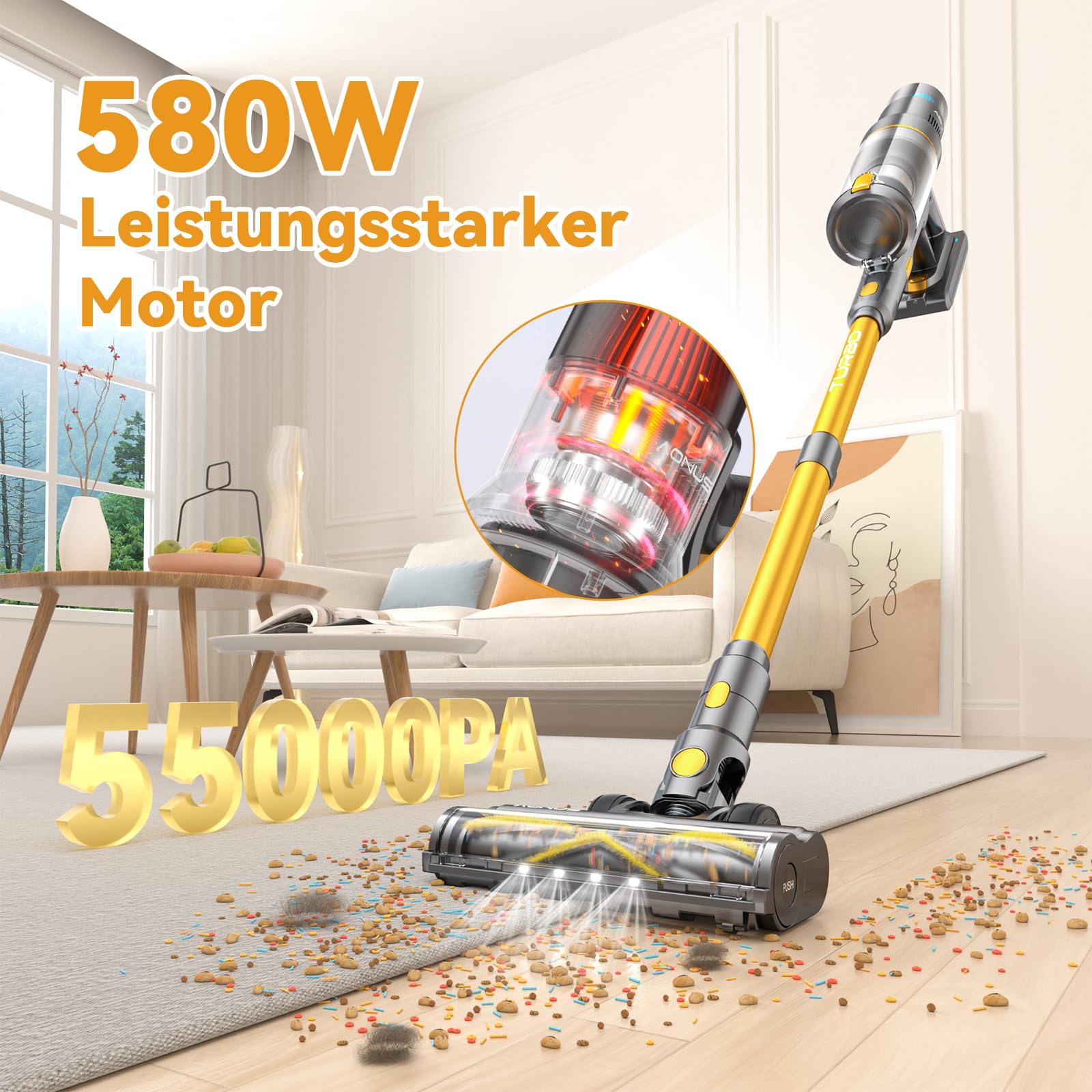 Aonus Akku-Staubsauger Kabellos 55KPa, 580W, Smart Display, 75 Min Laufzeit, freistehend mit Automatikmodus – für Teppich, Tierhaare & Hartböden