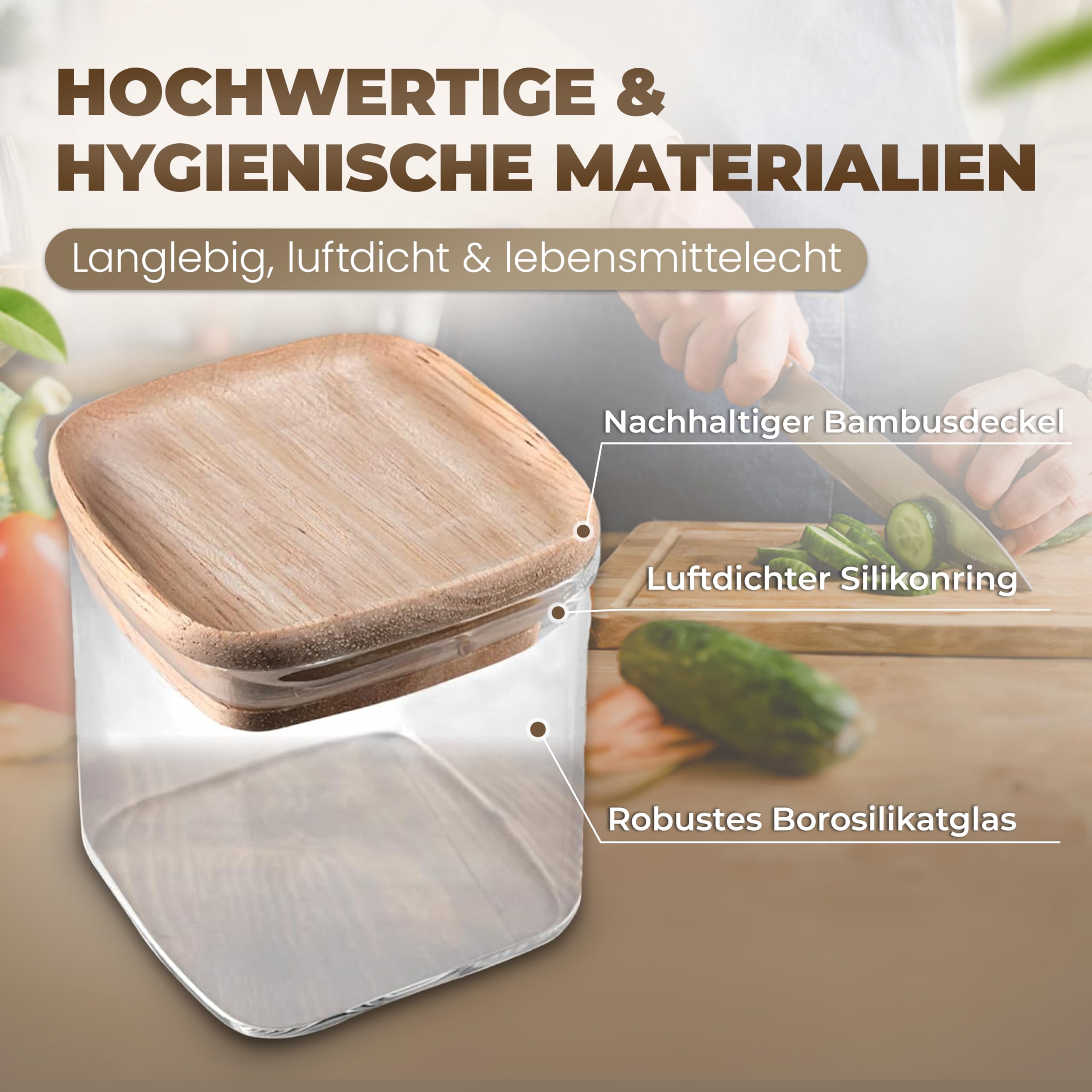 Stapelbare Gewürzgläser Set 150 ml Eckig - 12 Stück - Vorratsdosen aus Glas luftdicht - Bambus Holzdeckel - mit Etiketten & Kreidestift