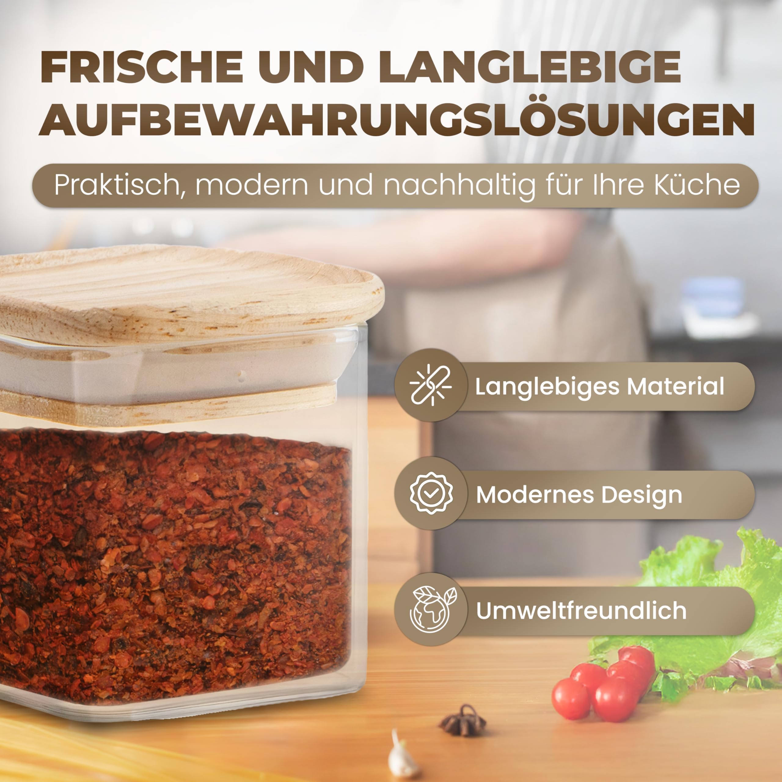Stapelbare Gewürzgläser Set 150 ml Eckig - 12 Stück - Vorratsdosen aus Glas luftdicht - Bambus Holzdeckel - mit Etiketten & Kreidestift