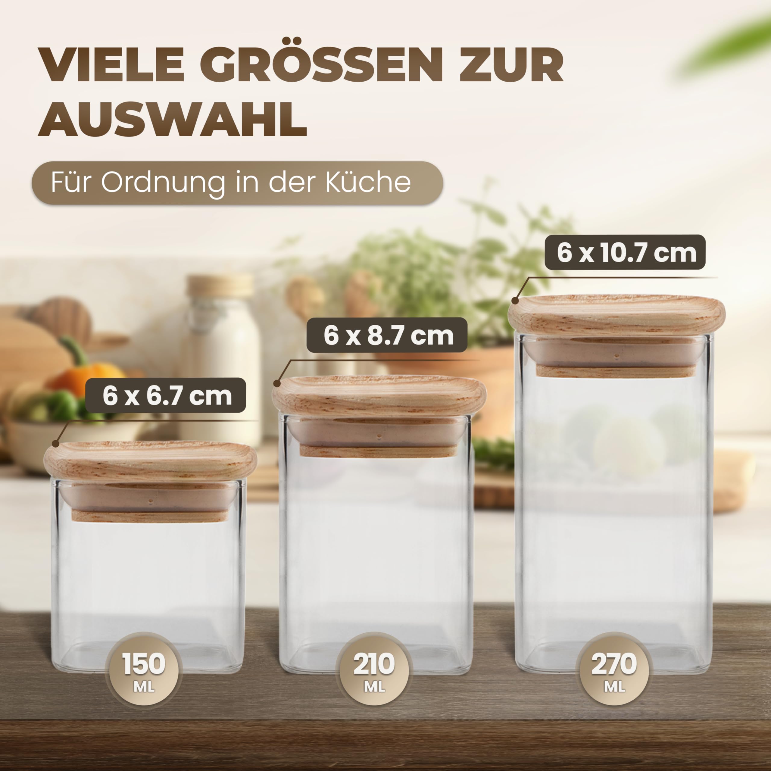 Stapelbare Gewürzgläser Set 150 ml Eckig - 12 Stück - Vorratsdosen aus Glas luftdicht - Bambus Holzdeckel - mit Etiketten & Kreidestift