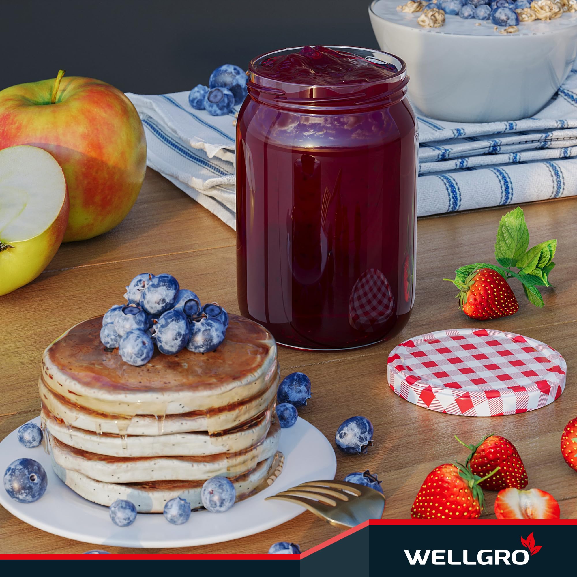 WELLGRO 12x Einmachgläser mit Schraubdeckel - 550ml - Deckel rot kariert To 82 - Made in Germany - Vorratsgläser mit Deckel, Gärglas, Dessertgläser