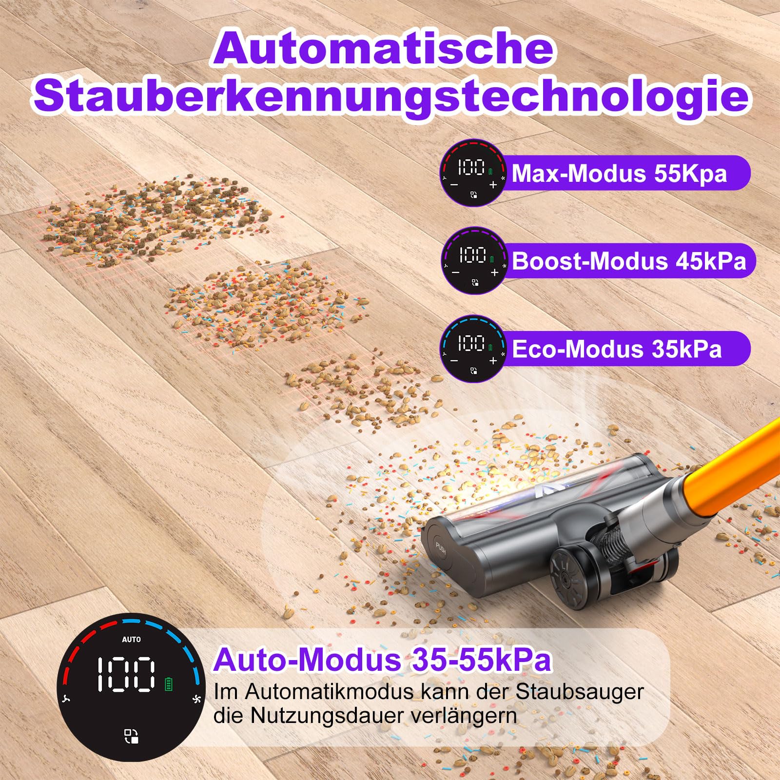 Coovy SU7 Akku-Staubsauger Kabellos, 580W, 75 Min, großes Display & Automatikmodus – für Teppiche, Hartböden & Tierhaare