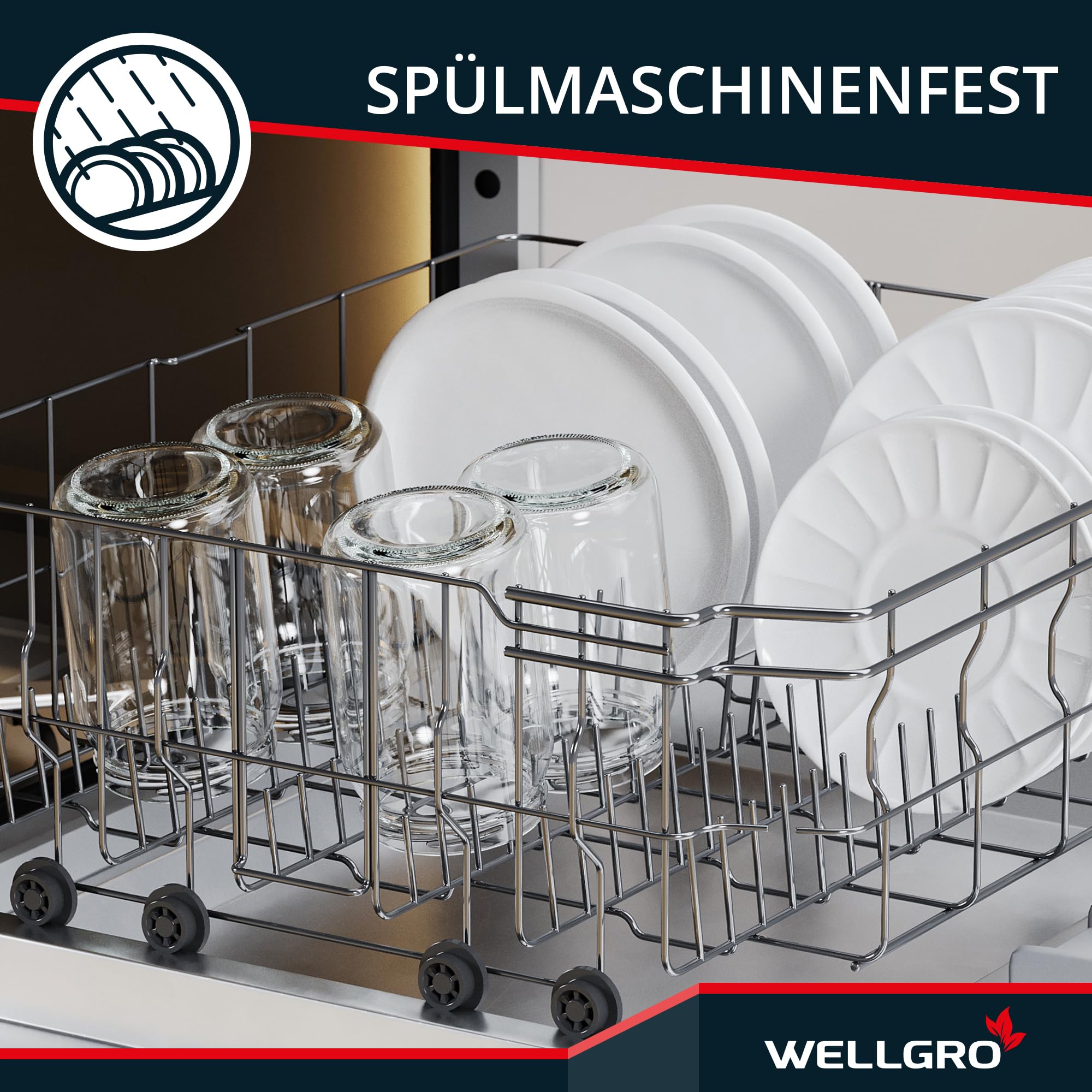 WELLGRO 12x Einmachgläser mit Schraubdeckel - 550ml - Deckel rot kariert To 82 - Made in Germany - Vorratsgläser mit Deckel, Gärglas, Dessertgläser