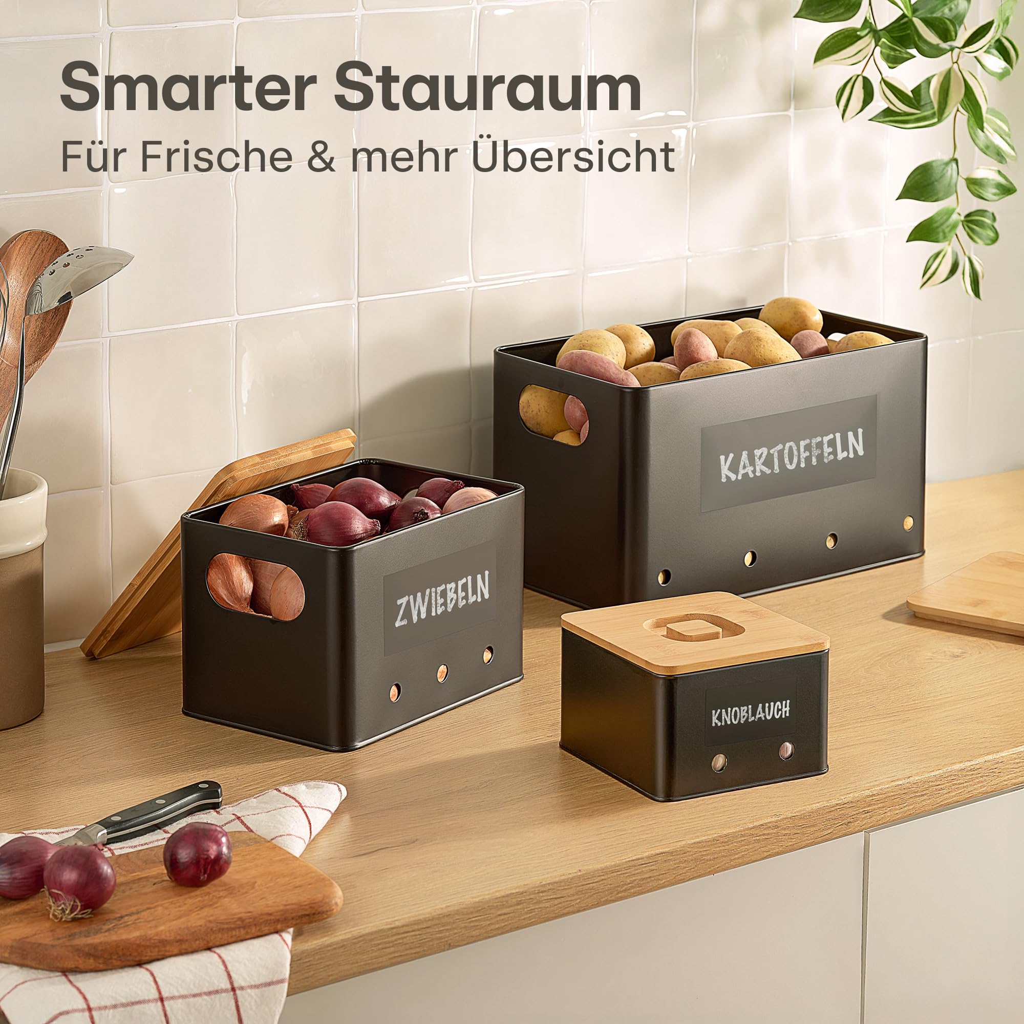 Praknu Kartoffel Aufbewahrungsbox 3er Set – Stapelbar - Mit Belüftung für längere Frische – 𝗙𝗦𝗖® Bambusdeckel – Ideal zur Aufbewahrung