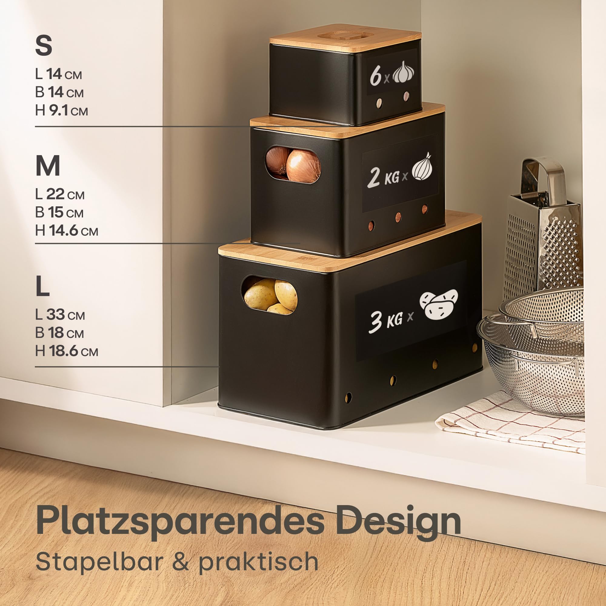 Praknu Kartoffel Aufbewahrungsbox 3er Set – Stapelbar - Mit Belüftung für längere Frische – 𝗙𝗦𝗖® Bambusdeckel – Ideal zur Aufbewahrung