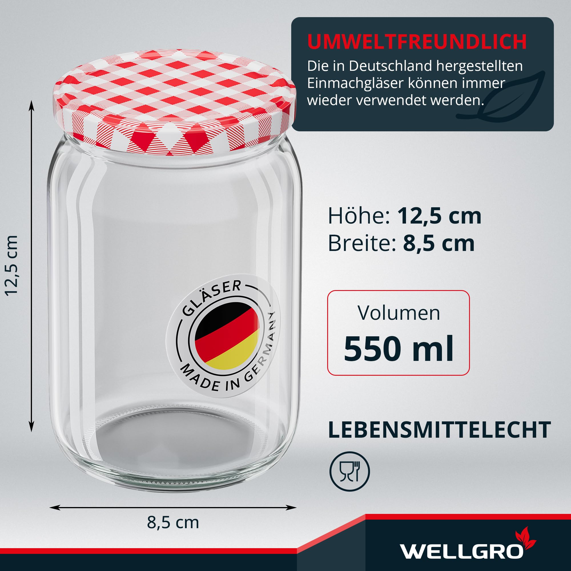 WELLGRO 12x Einmachgläser mit Schraubdeckel - 550ml - Deckel rot kariert To 82 - Made in Germany - Vorratsgläser mit Deckel, Gärglas, Dessertgläser