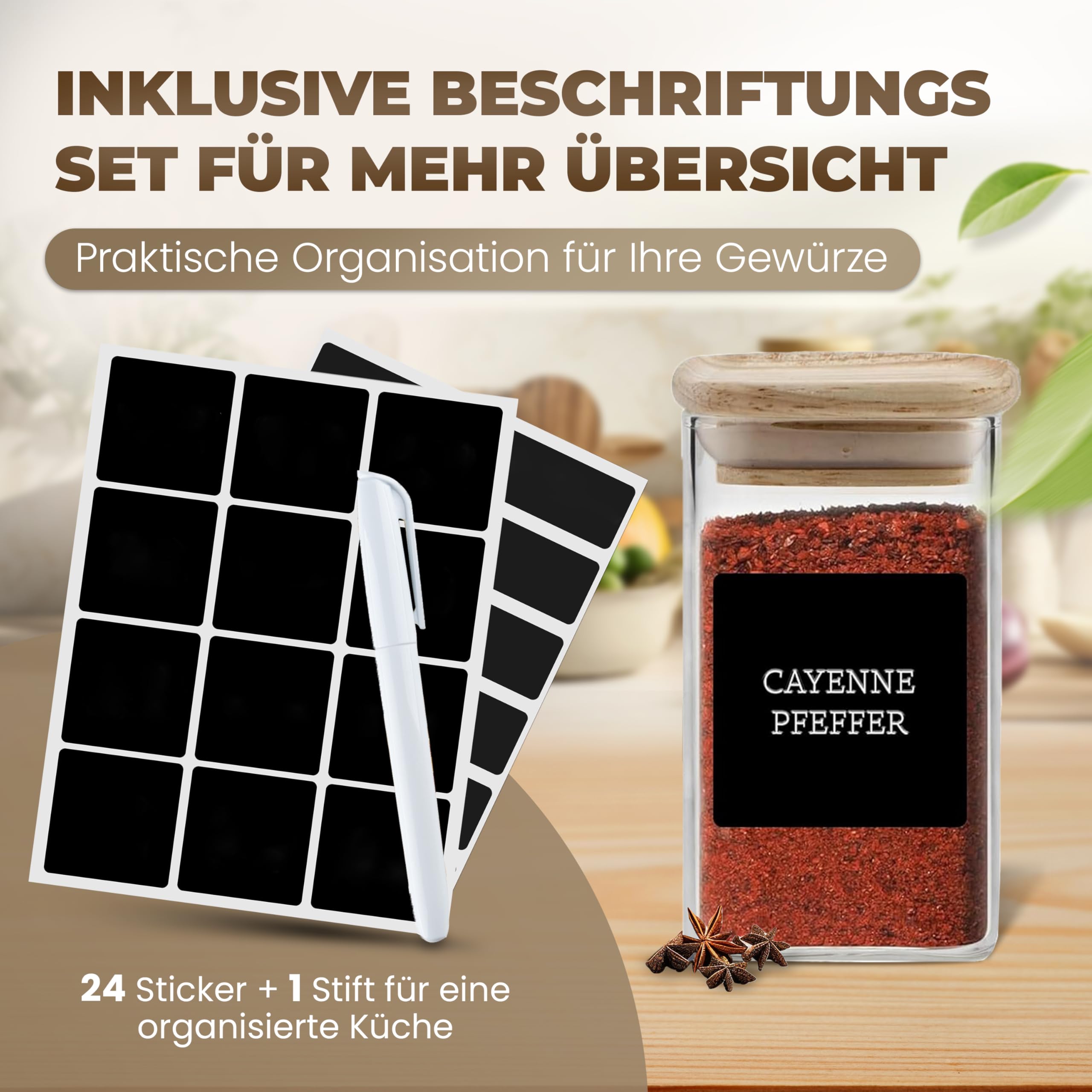 Stapelbare Gewürzgläser Set 150 ml Eckig - 12 Stück - Vorratsdosen aus Glas luftdicht - Bambus Holzdeckel - mit Etiketten & Kreidestift