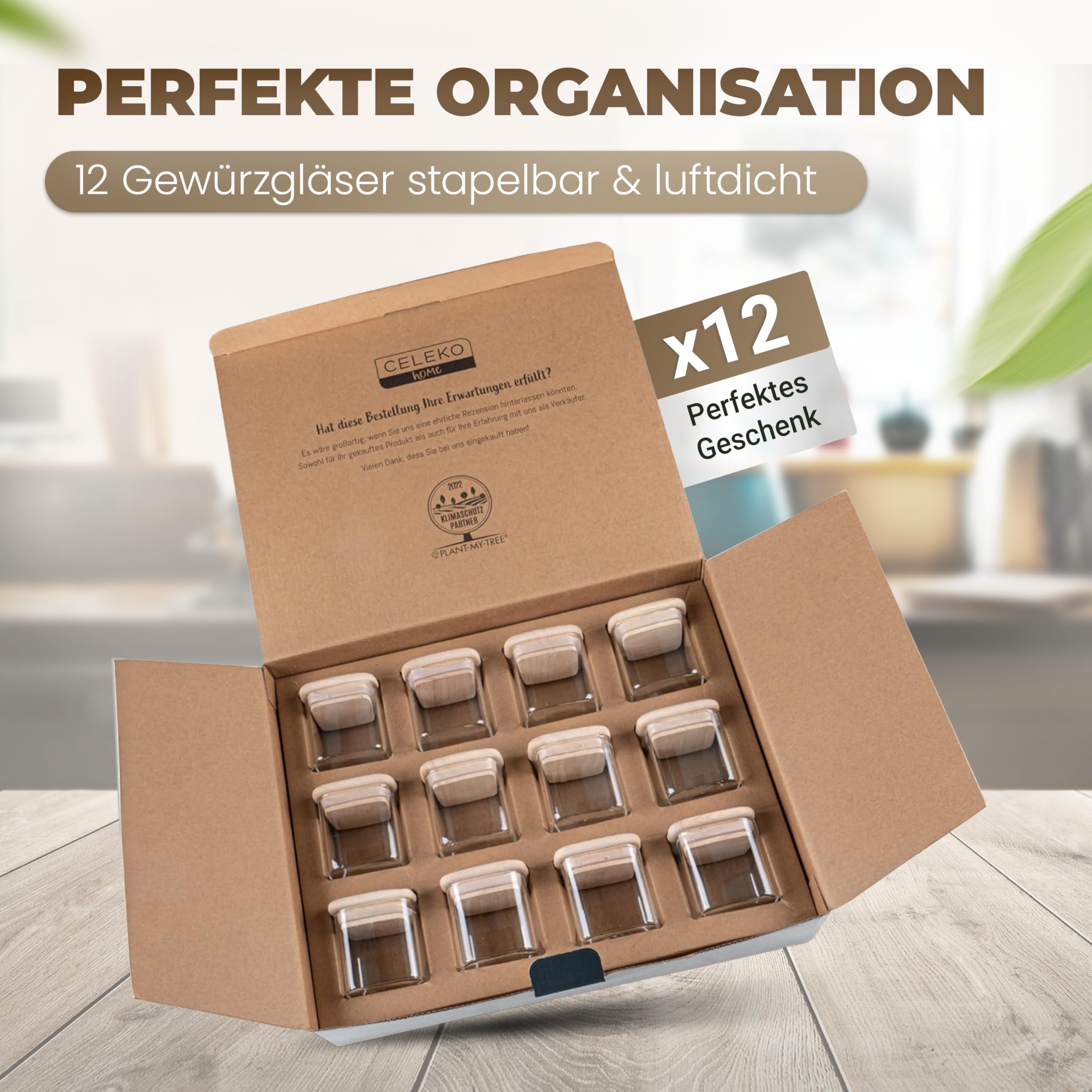 Stapelbare Gewürzgläser Set 150 ml Eckig - 12 Stück - Vorratsdosen aus Glas luftdicht - Bambus Holzdeckel - mit Etiketten & Kreidestift
