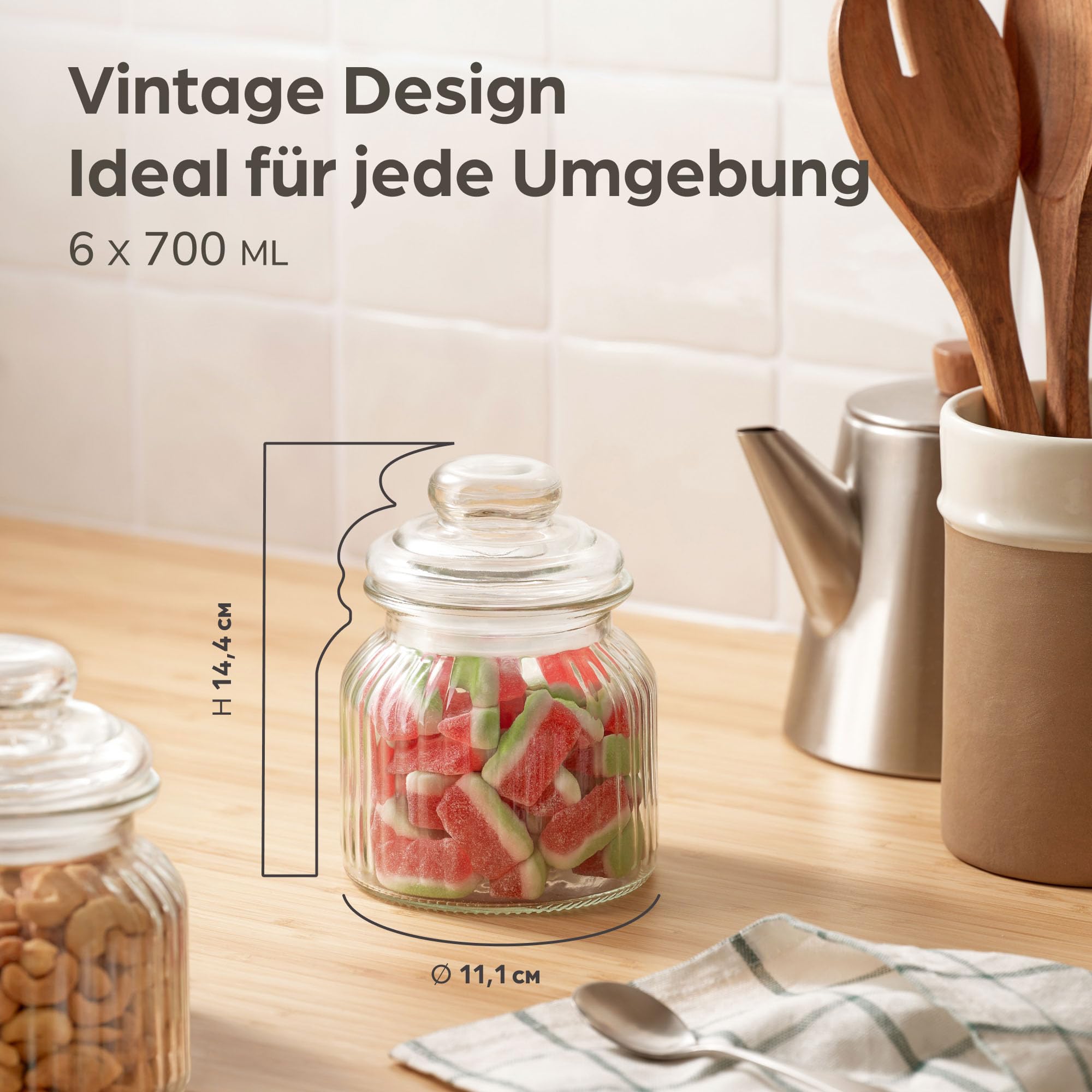 Praknu Bonbonglas mit Deckel & Etiketten - 700ml - 6 Vintage Vorratsgläser für Candy Bar, Hochzeit, Party & Küche - Spülmaschinenfest - Für Kekse