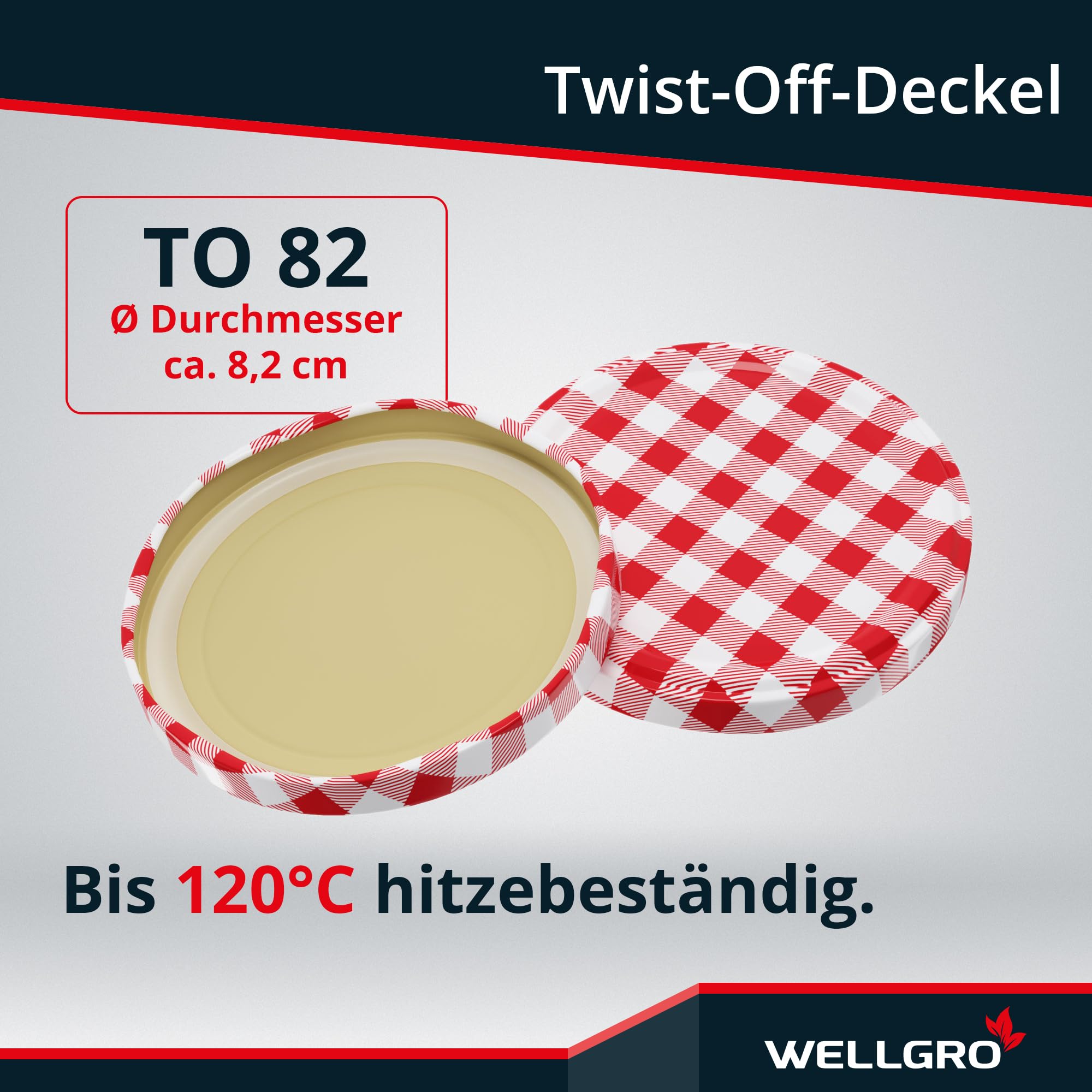 WELLGRO 12x Einmachgläser mit Schraubdeckel - 550ml - Deckel rot kariert To 82 - Made in Germany - Vorratsgläser mit Deckel, Gärglas, Dessertgläser